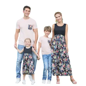 2022 Wholesale Mommy And Me Floral Printed Dresses T Shirt Short Sleeve Matching Clothes Summer Matching Family Outfits