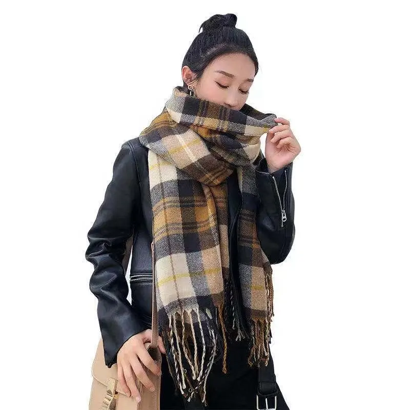 2019 Yiwu Kasmir Faux Plaid Syal untuk Wanita Wol Pashmina Musim Dingin Hangat Selendang Wanita Plaid Poncho Wanita Tebal Rumbai Syal