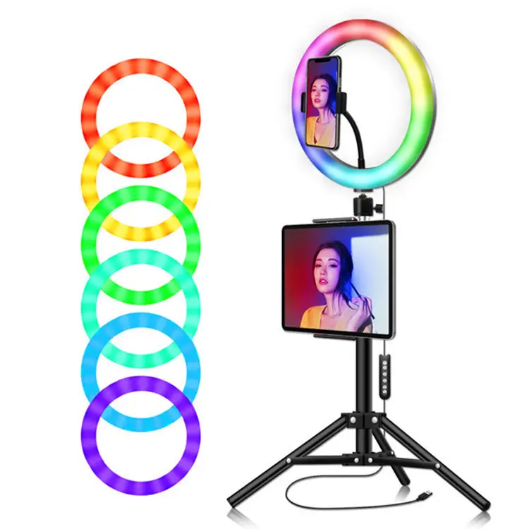 Lampu Cincin RGB 10 Inci 26Cm, dengan Kit Klip Ponsel, Kamera, Fotografi, Video, Selfie, RGB, Lampu Cincin LED untuk Ponsel