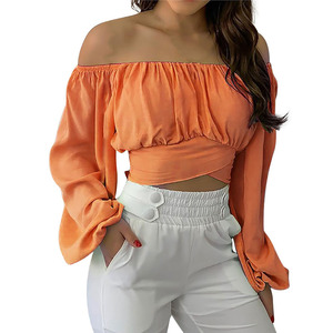 Elegante damesblouse met off-shoulder print, sexy kanten strik, open rug, slank model, casual, lange mouwen, cropped streetwear <span class=keywords><strong>blouse</strong></span>. - Product Image 4