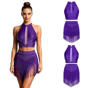 Conjunto de 2 Piezas para Baile Latino para Mujer, Top Corto con Flecos y Pedrería, Falda Asimétrica con Borlas, Trajes para Salsa, Tango y Baile de Salón - Product Image 3