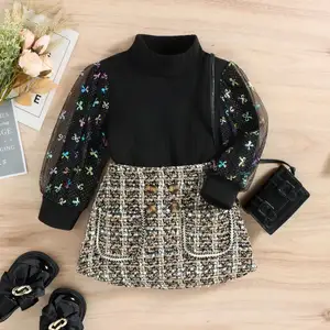 2022 Baby Autumn Clothes Sets Mesh Puff Long Sleeve Tops Sweater Button A Line Skirts 2PCS Children Outfits Kids Girls Clothing