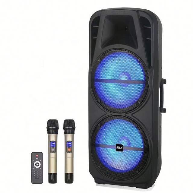 High Volume Outdoor Audio Speaker with RGB LED Lights 2 Wireless Mics FM Radio for Portable 100-300W