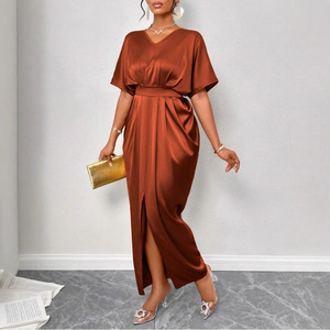 Tinta unita satinato <span class=keywords><strong>con</strong></span> scollo a V a maniche corte e <span class=keywords><strong>spacco</strong></span> elegante gonna lunga per <span class=keywords><strong>abito</strong></span> da donna - Product Image 3