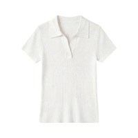 Pull d'été élégant et décontracté pour femme, en maille côtelée texturée, col polo, manches courtes, col en V, coupe ajustée, maille fine, boutonné