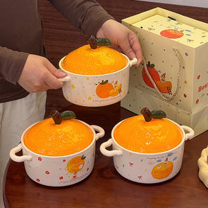 Bol à nouilles instantanées en céramique orange avec couvercle, design de dessin animé style été 2024, pour la maison, le dortoir, les étudiants, cadeau - Product Image 1