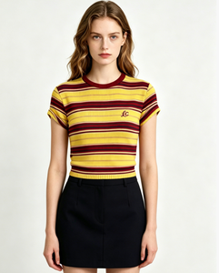 Yellow <strong>Red</strong> Striped Knit <strong>Cropped</strong> T-Shirt Women Short Sleeve Slim Fit Embroidered Casual <strong>Top</strong> - Product Image 1