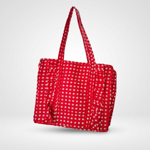 Bolsa de Mano de Tela de Algodón Roja Sólida con Volantes, Diseño de Bloques Hechos a Mano, para Mujer, Viajes, Compras, Todas las Temporadas - Product Image 5
