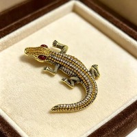 Broche vintage en strass motif crocodile, épingle de revers en cristal doré antique, bijou cadeau