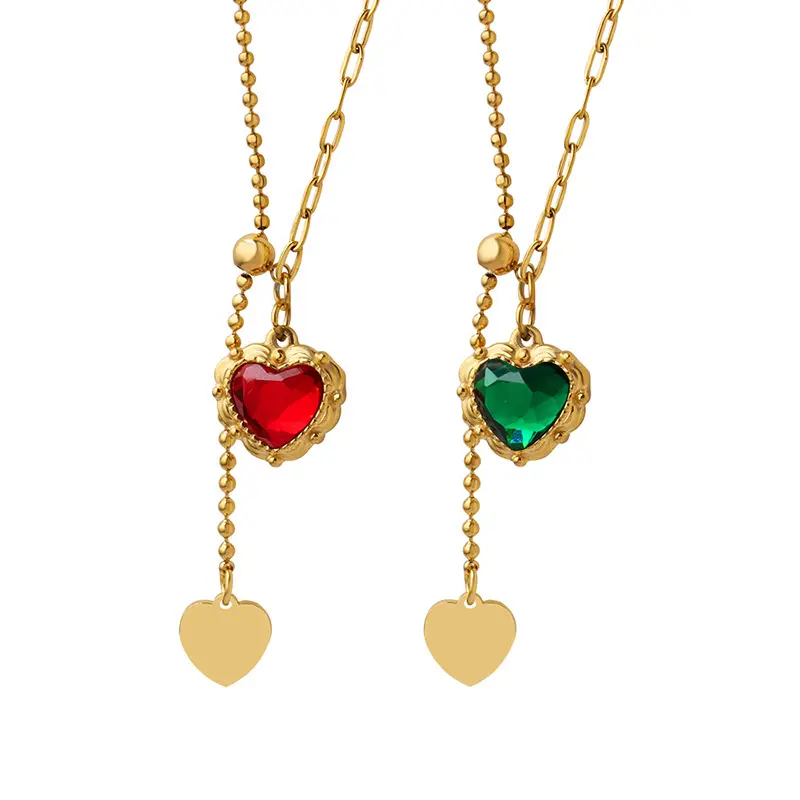 Nouveau collier pendentif coeur en pierre rouge verte, en acier inoxydable, à breloque en diamant, chaîne réglable pour femmes