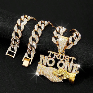 Men's Stylish <b>Cuban</b> <b>Link</b> <b>Chain</b> Handshake Design Rhinestone Pendant 'Trust No One' Letter Hip Hop Style Necklaces for - Product Image 6