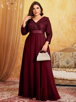 Robe de soirée grande taille élégante à col en V, manches trois-quarts, patchwork de sequins et ourlet large, idéale pour les bals semi-formels
