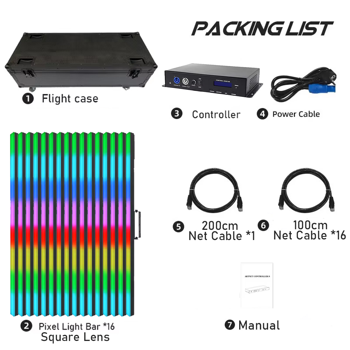 16 Tubos LED Pixel – Lente Cuadrada – Flight Case