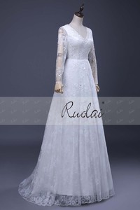 Ruolai LV6A37 최신 디자인 V-넥 신부 가운 모슬린 레이스 구슬 간단한 긴 소매 아랍어 웨딩 드레스 웨딩 가운 - Product Image 5