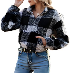 Women's Plaid Fleece Half Zip Pullover Stand Collar Casual Winter Jacket With Pockets Regular Sleeve Length - Product Image 1