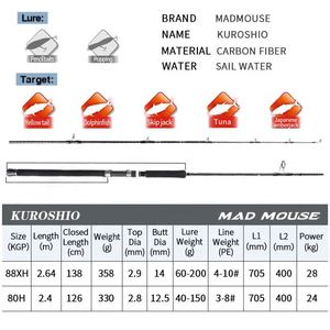 Caña de Pescar <span class=keywords><strong>Mad</strong></span> Mouse Popping <span class=keywords><strong>Rod</strong></span> New Japan, Componentes Fuji, Carbono Cruzado, para Pesca en Barco, Kuroshio 2.4m 80H 2.64m 88XH 28kgs PE3-10, Caña de Mar - Product Image 2