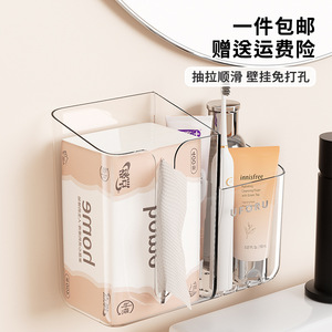 Caja de pañuelos montada en la pared, almacenamiento rectangular multifuncional de plástico para baño con soporte para cepillos de dientes, diseño duradero - Product Image 4