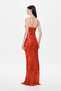 A11577 <strong>Red</strong> Women's Dress V-Neck Spaghetti Strap Modern Straight Elegant Summer Floor-Length Sheath <strong>Sequins</strong> for Daily Wear - Product Image 3
