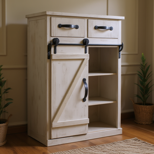 Meuble de rangement rustique en bois blanc style loft parisien, avec porte coulissante de type grange, console autoportante pour la décoration du salon - Product Image 2