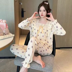 Pijama <span class=keywords><strong>de</strong></span> algodón con burbujas <span class=keywords><strong>de</strong></span> primavera y otoño para <span class=keywords><strong>mujer</strong></span>, pijama <span class=keywords><strong>de</strong></span> cuello cuadrado estilo princesa grasa, pantalones <span class=keywords><strong>de</strong></span> manga larga, cintura elástica - Product Image 4