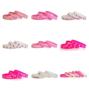 Bracelets en silicone Espoir, Foi, Force, Courage – Bracelets de sensibilisation au cancer, bracelets sportifs en silicone avec ruban rose - Product Image 2