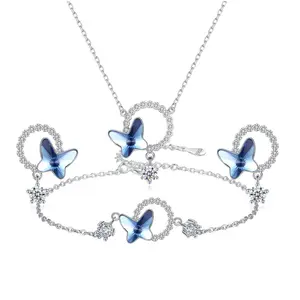 Wholesale 925 Sterling Silver Jewellery CZ Diamond Crystal Butterfly Pendant Necklace Earrings Bracelet Set Dubai Jewelry Set
