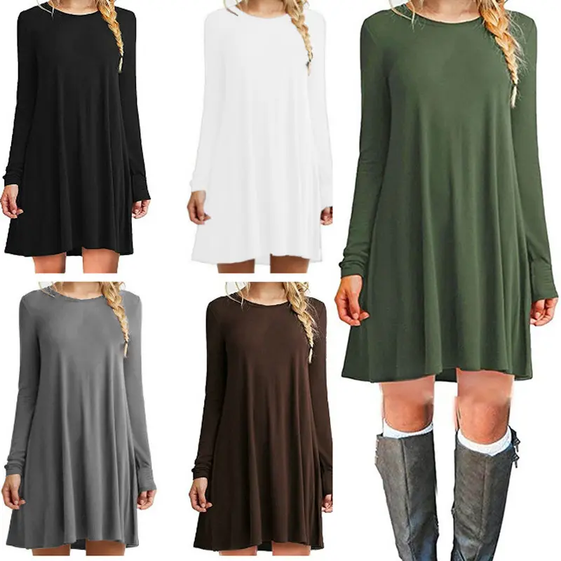 FEIBAI hot seller casual dresses solid-color long-sleeved dress elegant casual women's clothing