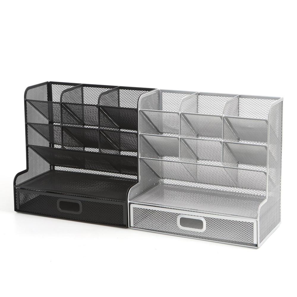 Черный и серебристый металлический Настольный органайзер, сетчатый дизайн с выдвижным ящиком для ручки, офисные аксессуары
