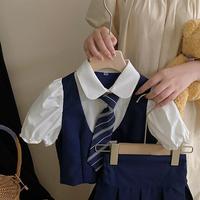 Ensemble Preppy d'Été Style Coréen pour Enfants : Chemise et Jupe Plissée 2 Pièces Tendance pour Filles