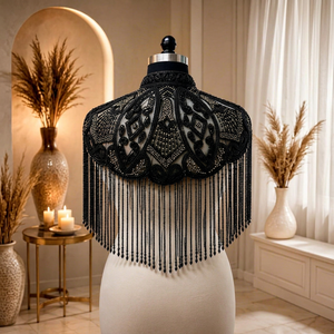 COTTON COUTURE Black Beaded Polyester Cape with Fringe Embroidery Decorative <b>Wrap</b> <b>for</b> Adult <b>Wedding</b> Party Wear - Product Image 1