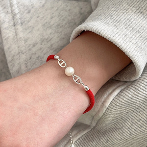 S925 Sterling Silver Pearl <b>Bracelet</b> <b>Red</b> Rope Woven Women's Everyday Wear Fine String Jewelry - Product Image 1