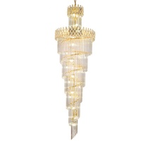 Lustre long en cristal contemporain doré avec gouttes d'eau, lampe de plafond fantaisie pour villas, décoration d'escalier