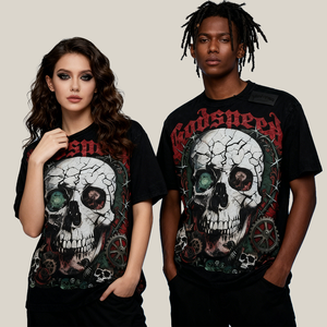 2025年夏 ユニセックス 260g ニットTシャツ 100% コットン ルーズ 半袖 無地 ヒップホップスタイル - Product Image 1
