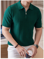 Vente en gros de T-shirts personnalisés pour hommes, coupe ajustée, tricot texturé vertical, col en V, manches courtes, respirant, décontracté, uni, pour l'été