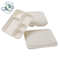Barquette alimentaire jetable écologique et biodégradable à 5 compartiments en bagasse de canne à sucre pour l'emballage de la restauration rapide et des cuisines cloud