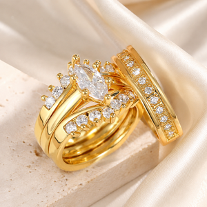 Set di Tre Anelli di Fidanzamento con Zirconi a Marchesa per Coppie, Eleganti Gioielli da Matrimonio - Product Image 2