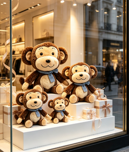 Peluche singe curieux en fourrure marron avec nœud papillon bleu à carreaux, pattes brunes, souriant, assis, OEM ODM personnalisé - Product Image 5