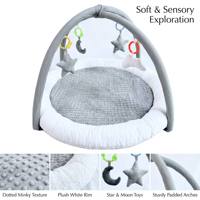 Tapis d'éveil pour bébé en minky gris ultra-doux, tapis de jeu rembourré 5 en 1 avec bordure de sécurité blanche, centre de jouets sensoriels étoiles et lunes