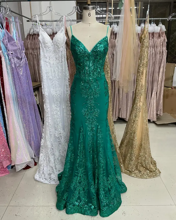 Factory Wholesale Women Green Mermaid Sparkle Sequin Corset Prom Dress Near Me