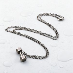 สร้อยคอจี้รูปดัมเบล ไทเทเนียมสตีล สีเงินโบราณ รูปทรงหกเหลี่ยม สำหรับทุกเพศ ใส่ได้ทุกวัน - Product Image 4