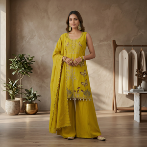 Conjunto de 3 Piezas de Ropa Étnica India al por Mayor, Kurta Bordada, Palazzo y Dupatta para Mujer - Product Image 3