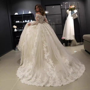 Off The Shoulder Wedding Dress Champagne Color Ball Gown Princess Waistline Vintage Style Lace Applique Long Sleeve - Product Image 4