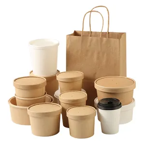 2023 bol à bagasse de canne à sucre écologique 32oz récipient à soupe biodégradable jetable bol à salade kraft bol à soupe à emporter avec couvercle en papier