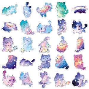 50 Stuks In De Fabriek Verkochte Hoogwaardige Dromerige Cartoon Originele Aquarel Sterrenhemel Kat Stickers Voor Laptops En Computers - Product Image 3