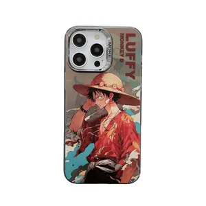 New Double Side Film Covering+Metal Button+Blue Light Anime Cartoon Zoro Phone Cases For iPhone 15 Pro Max 13 Pro IMD Back Cover