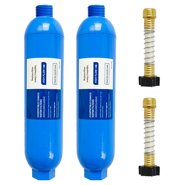 RV Inline Water Filter 2 Flexible Hose Protector Ionizer Removes Bad Taste Odors Rust Chlorine Sediment for Clear Drinking Water
