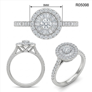 Anillo de Compromiso Sofisticado de Oro Blanco Sólido de 18K con Diamantes, Corte Redondo, Baguette, Halo, Pavé, Grabado Láser Personalizado - Product Image 5