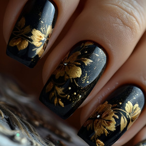 24 Stück Chinesischer Stil Schwarze Glänzende Elegante Vorgefertigte Künstliche Fingernägel mit Goldenem Blätterdesign Quadratische Aufdrück-Fingernägel - Product Image 1