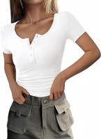 Atasan Henley Kancing Slim Fit Wanita, Kemeja Kasual Musim Panas, Kaos Lengan Pendek, Kaos Custom, Blus, Pakaian Fashion Wanita