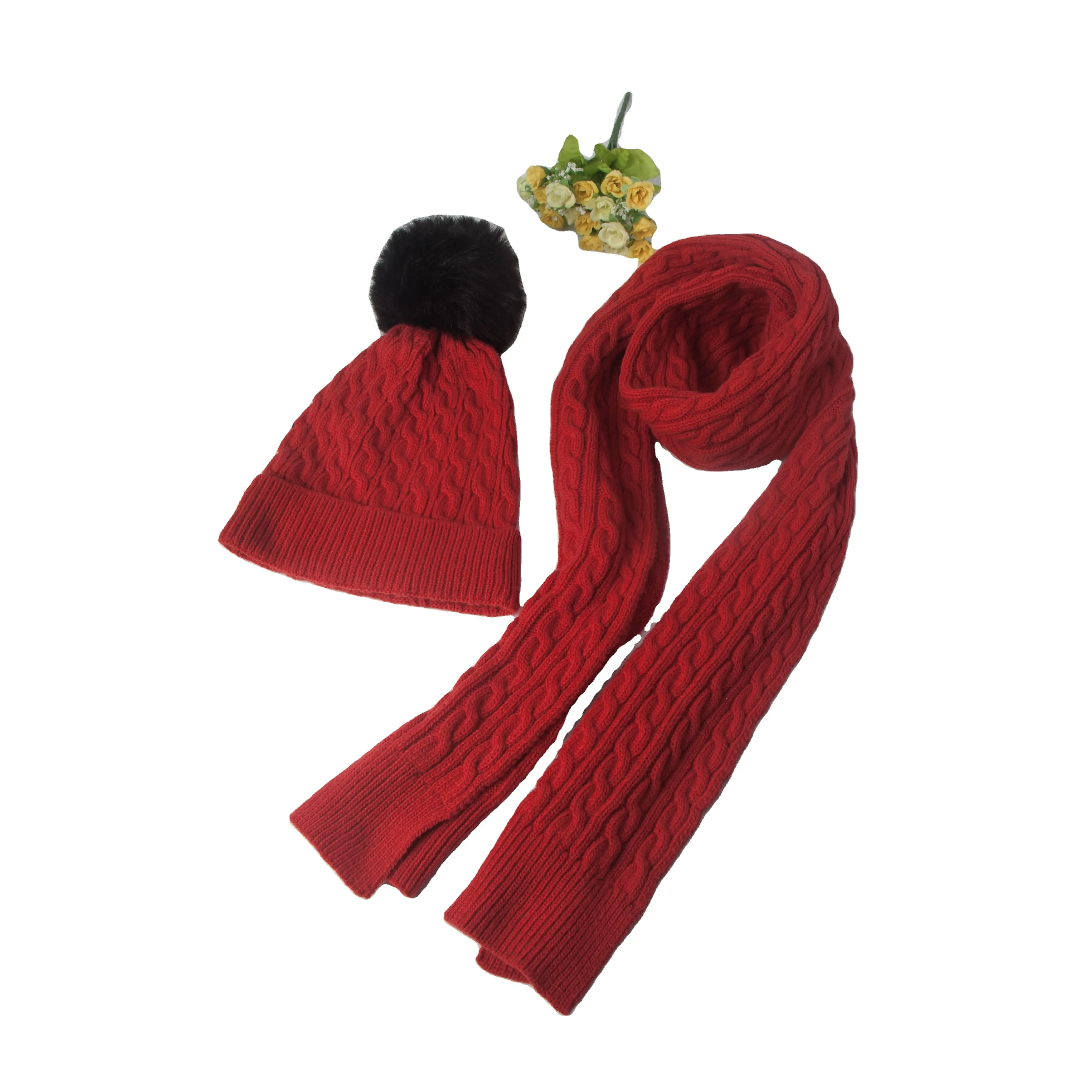 Hemp pattern big wool ball knitted hat scarf suit Ladies bright red festive knitted hat scarf Jacquard knitted hatand scarf suit